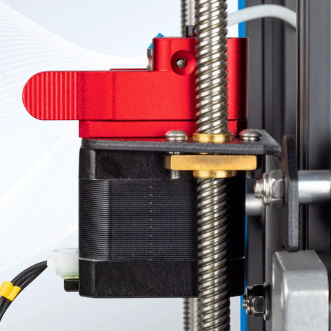 Close-up of red Beefed Up Dual Gear Ender 3 Extruder with Nema 17 Motor installed on Creality 3D printer for smoother feeding.
