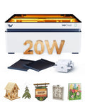 Vision 20W Laser Engraver With Smart HD Camera And Auto Lift Desktop Diode Laser Cutter, shown with wooden 20W text and sample engravings.
