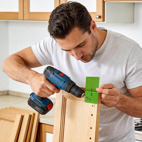 Man using a 35mm Hinge Template Router Jig For Cabinets Drawers And Furniture Doors With Pro Grade Durable Aluminum Guide
