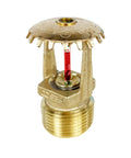 Real Deal Heavy Duty Upright Sprinkler Head Three Quarter Inch Quick Reaction Brass Body 155 Fahrenheit Temp Rating UL Listed For Ceiling Systems and Dependable Fire Safety Setup That Will Not Quit On You, showing a brass sprinkler with red indicator.