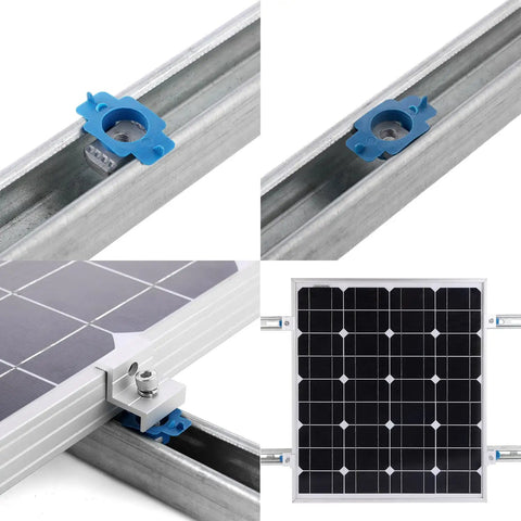 Heavy Duty Two Hole End Clamps For Solar Panel Mounting fits 30 and 35mm PV modules attached to strut channel with groove nuts.