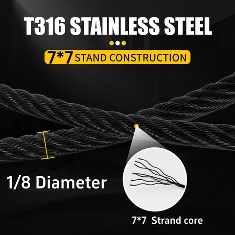 Top Shelf 1/8 Black T316 Stainless Steel Cable Railing 1200 Ft With Cable Cutter showcasing 7x7 strand construction and 1/8 diameter.