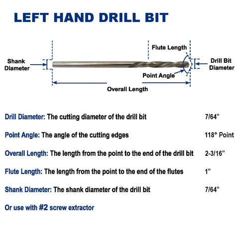 Diagram of Left Hand Drill Bit Set For Damaged Bolts And Screws, M35 Cobalt, measurement details and specifications shown.