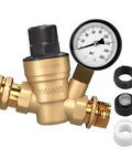RV Water Pressure Regulator for Campers and Travel Trailers with Brass Lead Free Reducer Kit Adjustable Valve and Inlet Screen Filter Protect Your RV Water System from High Pressure While You Roll Up To 160 PSI showing gauge and fittings