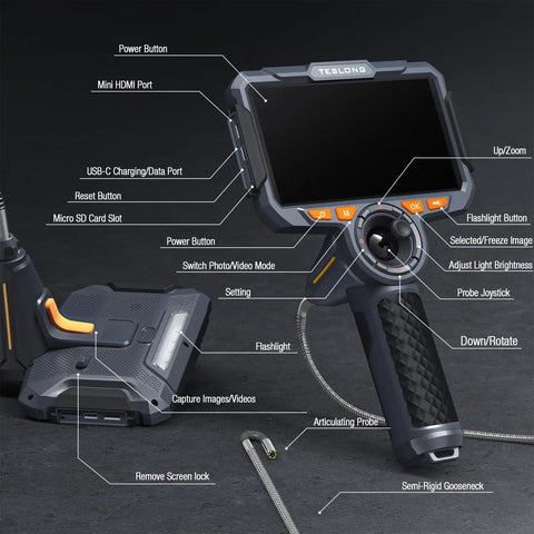 4 Way Articulating Borescope For Automotive Engine With 3.9mm Probe Joystick Controlled Tip 360 Degree Rotation And 210 Degree Bends 6 Inch 720P Screen Ideal For Quick Engine Inspections No Disassembly Needed, handheld unit with screen and probe
