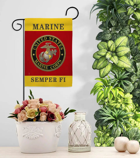 Semper Fi Two Sided Garden Flag For Lawn And House Decor 13 By 18.5 Inches Weatherproof Polyester Banner Displayed on Rack