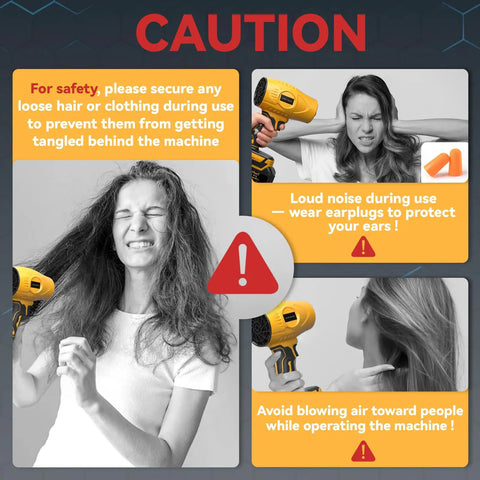 Caution sign showing safety tips for using the Beast Cordless Leaf Blower With 600000 RPM Brushless Motor, includes ear protection advice.