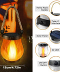 USB Charging Solar Lantern For Outdoors And Travel with hemp rope handle, Type-C interface, solar panel, and 22 LED flame effect.