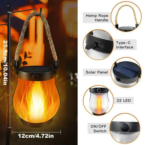 USB Charging Solar Lantern For Outdoors And Travel with hemp rope handle, Type-C interface, solar panel, and 22 LED flame effect.