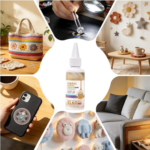 Waterproof Fabric Glue For Quick Dry, Clear Clothing Adhesive With Strong Hold, shown with craft and repair projects.