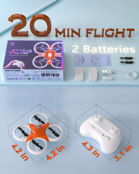 Colorful RGB Lights Mini Indoor RC Drone Quadcopter For Kids With 360 Flip Altitude Hold Self Rotation 3 Speed Modes Dual Batteries Easy To Fly For Boys Girls Beginners, drone, and controller displayed with package and batteries
