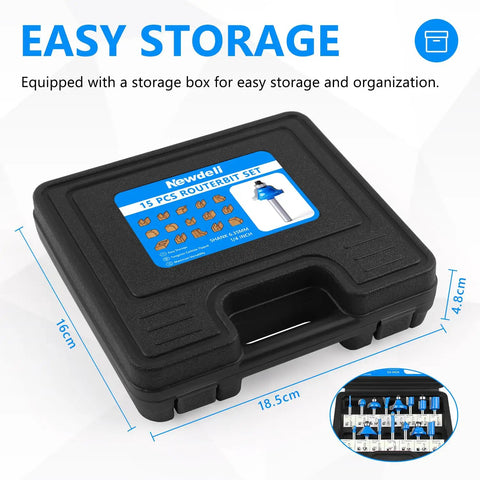 Badass 15 Piece Router Bit Set Featuring Quarter Inch Shank And Dense Tungsten Carbide Tips For Shaping Baseboards Cabinets And Dressers Heavy Duty Aluminum Case Delivers Serious Bang For Your Buck storage case showing dimensions and label.