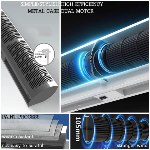 Heavy Duty Commercial Air Curtain Kicks The Chill Out Dead Nuts Quiet Remote Door Blower showcases a sleek metal design with dual motors.