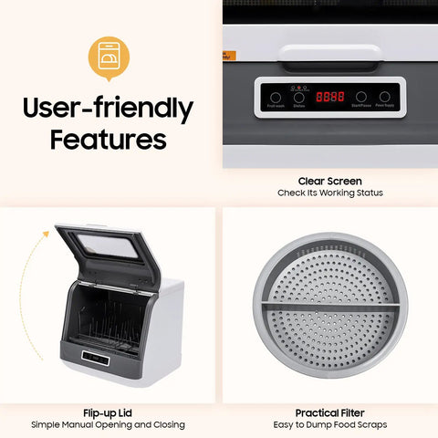 User-friendly features of Hassle Free Portable Countertop Dishwasher With Durable Stainless Steel Body And High Pressure Spray Nozzles 110V, showing flip-up lid and clear screen.