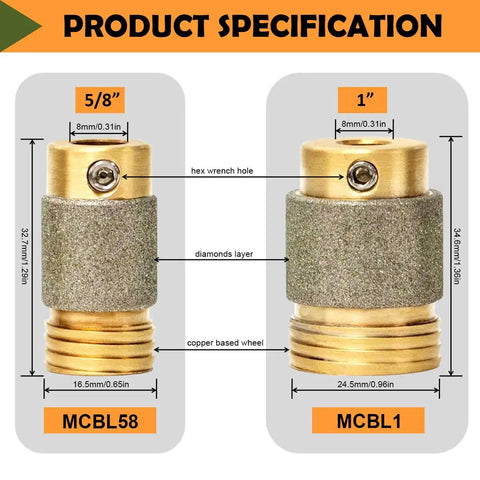 Product specification image showing Heavy Duty Five Eight Inch Diamond Grinding Bit for Stained Glass with dimensions and features.