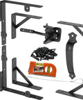 Heavy Duty Self Close Wooden Gate Hardware Kit Featuring Adjustable Tension Spring Hinge And Rock Solid Bracket, black steel parts.
