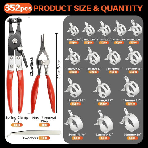352 Piece Spring Band Hose Clamp Kit With 15 Sizes From 6 To 25 Mm In Grey with pliers and tweezers