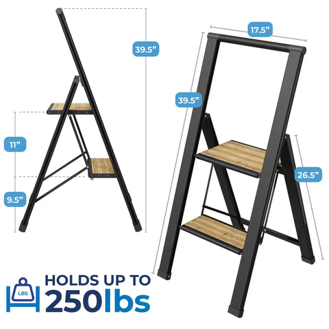 Two Step Folding Ladder With Bamboo And Black Aluminum, Ultra Slim Profile, Anti Slip Steps, 250 lb Capacity, Dimensions Shown