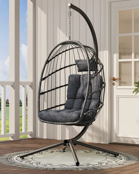 Comfy Hanging Egg Chair With Stand For Indoor Outdoor Use Wicker Patio Swing Chair With Cushions And Headrest Supports Up To 350 Pounds Cozy Ergonomic Back Support For Bedroom Garden Porch Dark Grey
