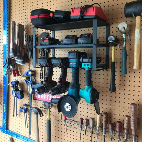 Built Tough 3 Tier Garage Tool Organizer Rack For Drills And Hand Tools Carbon Steel Wall Mount Shelf with tools on pegboard