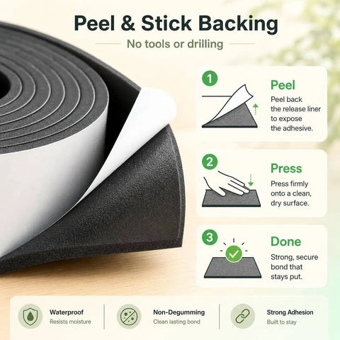 Heavy Duty Neoprene Foam Sheet With Knockout Grip Adhesive Backing For Straight Up Tough Shock Absorption And Slick Weather Seal, showing peel and stick backing.
