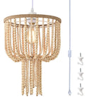 16 Inch Modern Drum Pendant Light With Fabric Shade Rustic Hanging Drum Chandelier Boho Style Plug In Fixture Handmade Wood Bead Accents Creates Cozy Ambient Vibe Shadows For Dining Room Living Room Kitchen And Bedroom with hanging beaded design and included hardware.