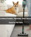 Featherlight Cordless Stick Vacuum Sweeping Up Every Scrap With Muscle Bound 20000 Pa Suction And True HEPA Filtration For Smooth No Sweat Whole House Cleanups next to a corgi on a sofa.