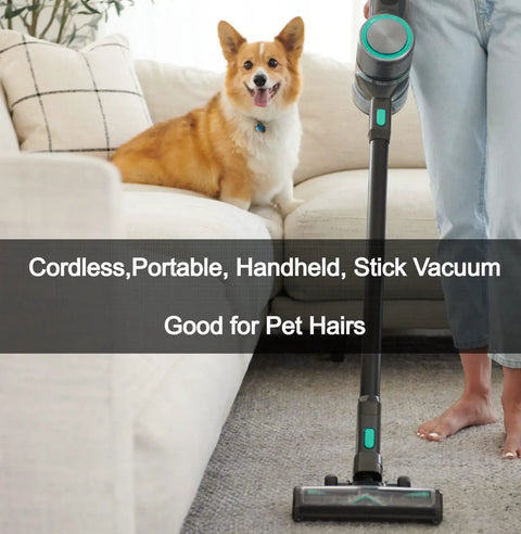 Featherlight Cordless Stick Vacuum Sweeping Up Every Scrap With Muscle Bound 20000 Pa Suction And True HEPA Filtration For Smooth No Sweat Whole House Cleanups next to a corgi on a sofa.