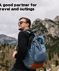 Man hiking with backpack containing Portable Tripod Folding Camping Stool, 14.6 Inch Seat, Supports Up To 210 Lbs, in mountain scenery