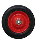 8 Inch Semi Pneumatic Rubber Tire With Steel Hub And Ball Bearings For Hand Trucks And Lawn Equipment Ribbed Tread Beefy Built Half Inch Bore Centered Axle 88 Pound Load Capacity - side view with red hub