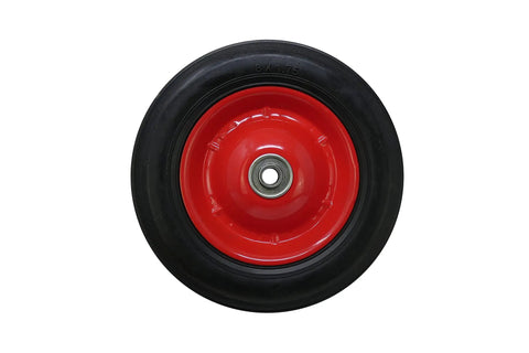 8 Inch Semi Pneumatic Rubber Tire With Steel Hub And Ball Bearings For Hand Trucks And Lawn Equipment Ribbed Tread Beefy Built Half Inch Bore Centered Axle 88 Pound Load Capacity - side view with red hub