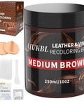 Heavy Duty Leather Recoloring Balm And Scratch Repair Kit For Couches With Straight Up Color Restorer And Furniture Dye Paste In Medium Brown, 250ml container with tools.
