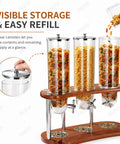 Triple Cereal Dispenser Countertop Stand With Independent Twist Knobs Moisture Sealed Clear Canisters for oats and pasta.