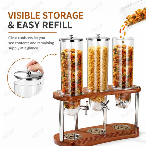Triple Cereal Dispenser Countertop Stand With Independent Twist Knobs Moisture Sealed Clear Canisters for oats and pasta.