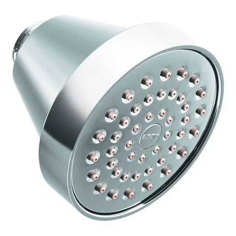 One Function Chrome Shower Head With Three And Five Eighths Inch Spray Head Two Point Five GPM Flow One Half Inch Connection Easy Install Versatile Bath Fixture That Puts Your Shower On Point close-up view