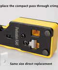 Close-up of a compact pass through crimper showing blade fitting for 5 Pack Pass Through Crimper Cutting Blades 0.40x0.54 In Replacement Blades For Most Pass Through Crimpers SK5 Steel Heavy Duty 8 Pin Blade To Trim Extra Cable Ends Like A Pro Precision Ground For Fast Clean Crimps.