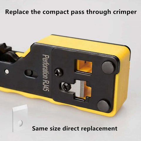 Close-up of a compact pass through crimper showing blade fitting for 5 Pack Pass Through Crimper Cutting Blades 0.40x0.54 In Replacement Blades For Most Pass Through Crimpers SK5 Steel Heavy Duty 8 Pin Blade To Trim Extra Cable Ends Like A Pro Precision Ground For Fast Clean Crimps.