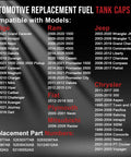 List of compatible vehicles and replacement part numbers for Gas Cap With Two Tether Ropes For Jeep Dodge Chrysler Ram Fiat Plymouth Mitsubishi Wrangler JK TJ Cherokee Ram 1500 2500 3500 Charger Challenger Dart Durango Journey Town And Country Aspen Sebring.