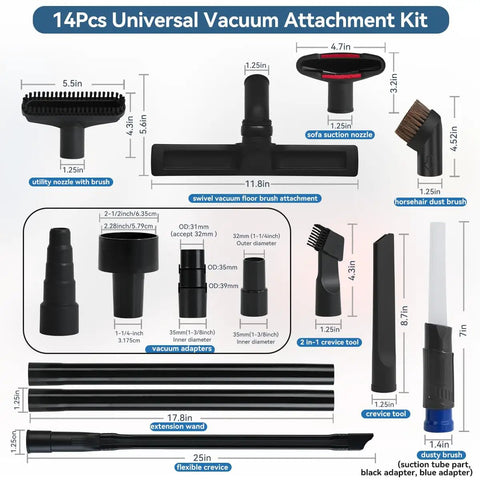 14 Piece Vacuum Attachment Kit For Shop Vac With 2.5 To 1.25 Inch And 1.875 To 1 Inch Adapters and various nozzles displayed