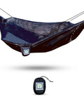 Bug Free Sky Bed Camping Hammock Tent With Flat Lay Sleep displayed with storage pouch, asymmetrical design, elevated comfort.