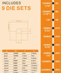 Diagram showing 9 die sets for 8 Ton Hydraulic Wire Rope Crimping Tool for Stainless Cable Railing Fittings, Hand Swager And Cutter Kit