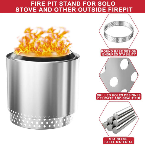Sturdy 19.5 Inch Fire Pit Stand For Bonfire And Other 19.5 Inch Pits Stainless Steel Base with flames and drilled design detail.