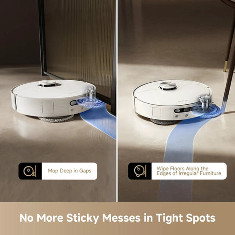 L40s Ultra AE Robot Vacuum And Mop cleaning along furniture edges, showcasing flexible mop and smart navigation.