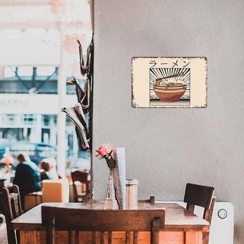 Retro Ramen Tin Sign Wall Art For Kitchen Home Garage Or Office Decor Funny Vintage Metal Sign 8x12 Inches Durable Aluminum With Pre Drilled Holes For Quick Mount Dope Tin Sign Vibe For Any Space displayed in a cafe setting.
