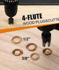 4-flute wood plug cutter demonstrating cutting on wood, part of Tapered Countersink Drill Bit Set For Woodworking 15 Piece Includes Wood Plug Cutters Depth Stop Rings Phillips Bits Extension Shaft And Allen Key Industrial Grade Nitride Treated Quick Change Quarter Inch Hex Shank