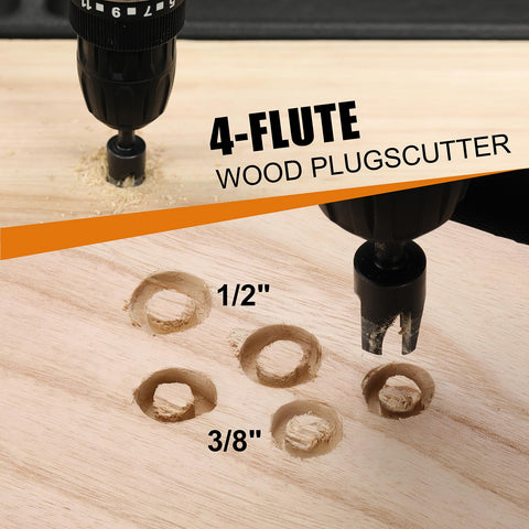 4-flute wood plug cutter demonstrating cutting on wood, part of Tapered Countersink Drill Bit Set For Woodworking 15 Piece Includes Wood Plug Cutters Depth Stop Rings Phillips Bits Extension Shaft And Allen Key Industrial Grade Nitride Treated Quick Change Quarter Inch Hex Shank