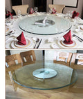 Round Tempered Glass Lazy Susan For Dining Table 31 To 43 Inch With Smooth Edges and heavy duty base, set on wooden and white table