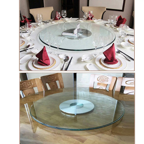 Round Tempered Glass Lazy Susan For Dining Table 31 To 43 Inch With Smooth Edges and heavy duty base, set on wooden and white table