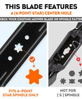 Close-up of 6-point star center hole on high lift 46 inch mower blades 2 pack for Cub Cadet ZT1 46 Xt1 Lt Xt2 Lx 46 EFI FAB LTX series