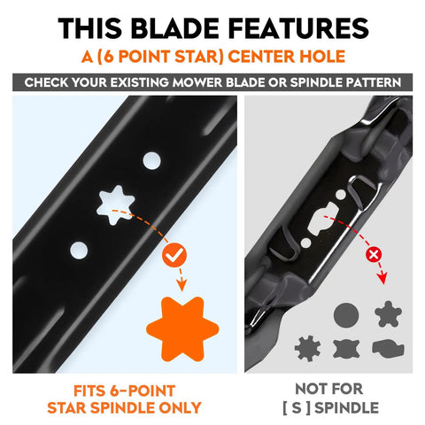 Close-up of 6-point star center hole on high lift 46 inch mower blades 2 pack for Cub Cadet ZT1 46 Xt1 Lt Xt2 Lx 46 EFI FAB LTX series